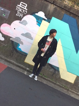 「原宿」｜「アイテム（ダッフルコート）」を使った、すけさんさん（メンズ・182cm）の春コーディネート