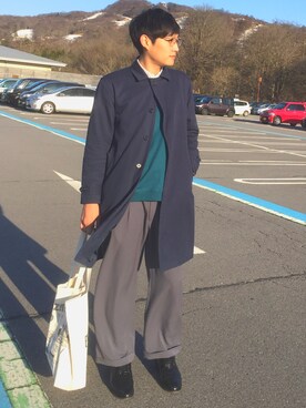 「DISCOAT（ディスコート）のアイテム（ステンカラーコート）」を使った、すけさんさん（メンズ・182cm）の春コーディネート