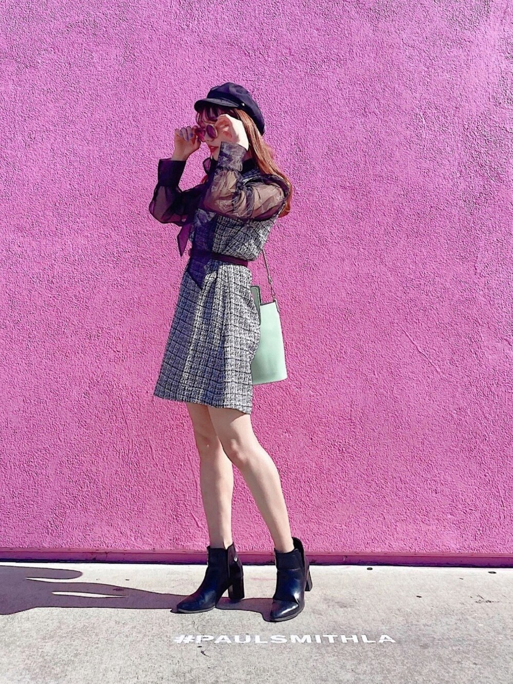 「シースルー、ツイード、ツイードワンピース、ミニワンピ、ZARA、旅行コーデ、きれいめコーディネート」｜「Ray-BanのRay-Ban: 丸型サングラス（サングラス、ベージュ系）」を使った、miiさん（レディース・158cm）の冬コーディネートの1枚目の写真