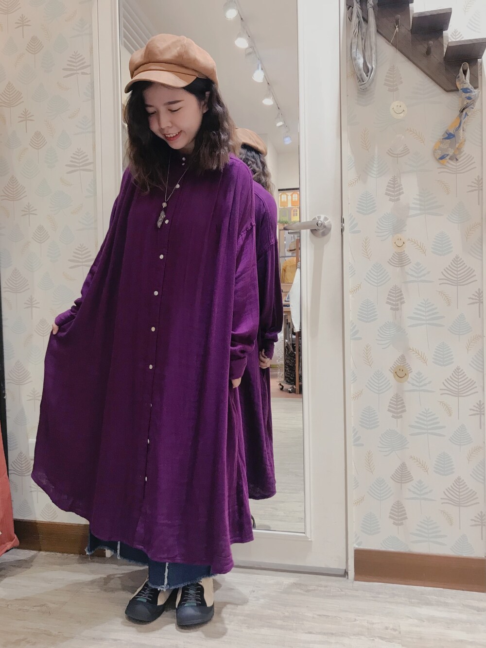 「LILASIC、keen、ootd、Tiara tiara、Tiara Tiara goods、帽子コーデ、シャツワンピース、ワンピース、Taiwan、2019AW」｜「LILASICのアイテム（シャツワンピース、パープル系）」を使った、Kuriさん（レディース・156cm）の秋コーディネートの1枚目の写真