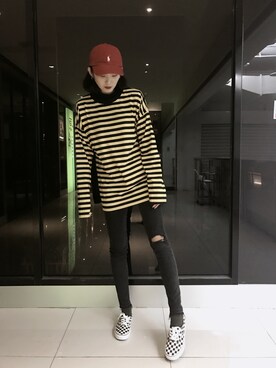 「POLO RALPH LAUREN（ポロ ラルフ ローレン）のアイテム（帽子、レッド系）」を使った、潘小潁さん（レディース）の冬コーディネート