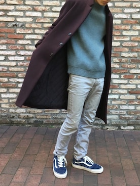 「soe（ソーイ）のアイテム（チェスターコート）」を使った、門田泰斉さん（メンズ・172cm）の冬コーディネート