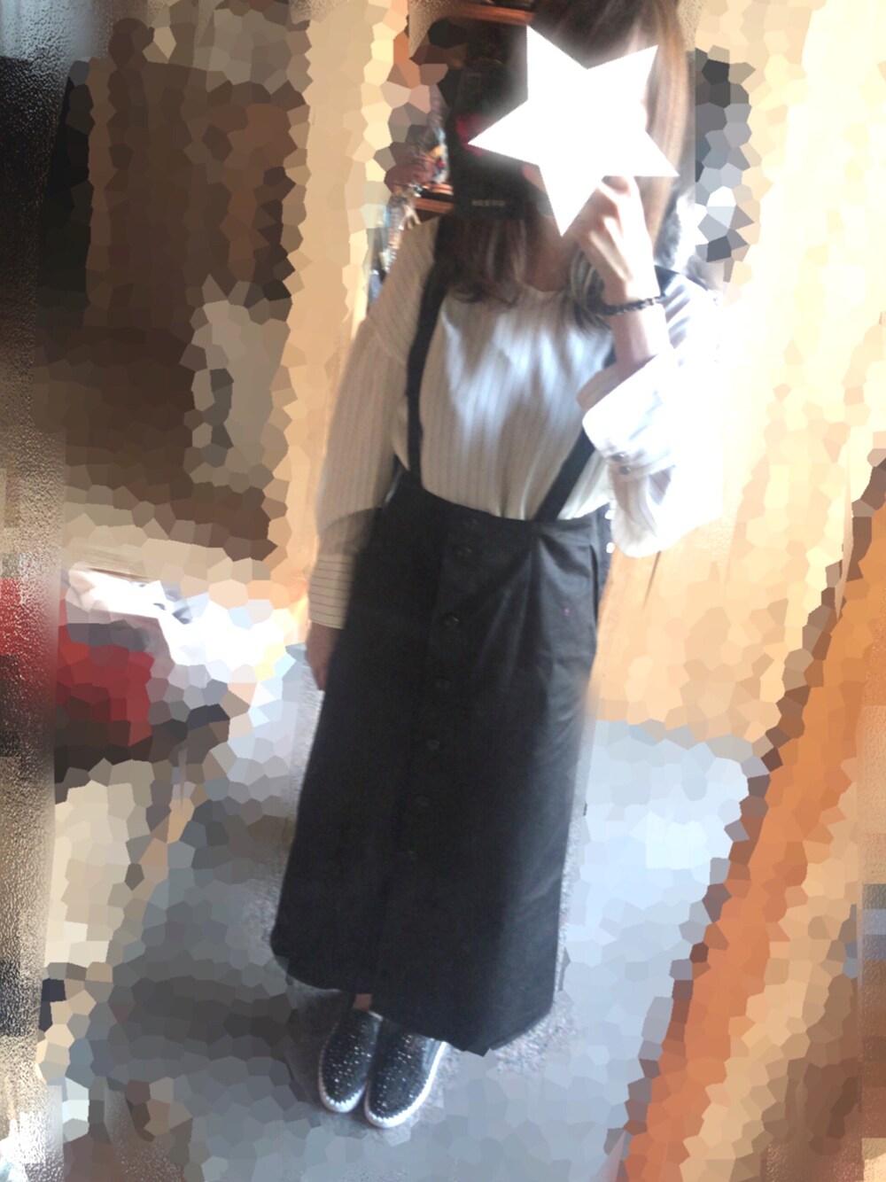「シンプル、オトナ女子、大人カジュアル、スカート、ロングスカート、シャツスタイル、ストライプ、ストライプシャツ、スリッポン」｜「JEANASISのストライププリントシャツ/780954（シャツ/ブラウス、ホワイト系）」を使った、あいすさん（レディース・159cm）の春コーディネートの1枚目の写真
