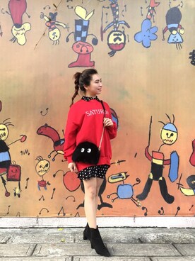 「red」｜「アイテム（シャツワンピース）」を使った、Abby Hungさん（レディース・153cm）の冬コーディネート
