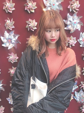 「MURUA（ムルーア）のカラーファーブルゾン（MA-1)（ブルゾン、ブラック系）」を使った、akachunさん（レディース・160cm）の冬コーディネート
