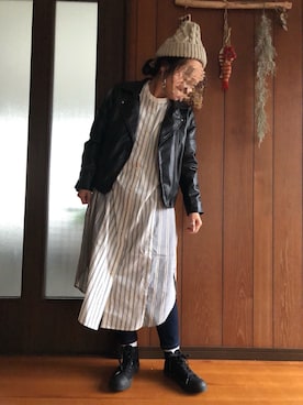 「studio CLIP（スタディオクリップ）のアイテム（ライダースジャケット）」を使った、TSUNAさん（レディース・154cm）の秋コーディネート