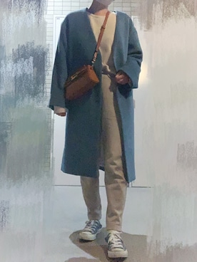 「LOWRYS FARM（ローリーズファーム）のアイテム（ノーカラーコート）」を使った、Ruicoさん（レディース・154cm）の冬コーディネート