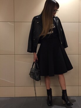 「真っ黒コーデ」｜「アイテム（ライダースジャケット）」を使った、chillax41さん（レディース・165cm）の秋コーディネート