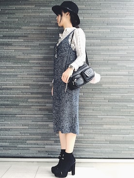 「ツバ広ハット」｜「アイテム（ブーティ）」を使った、CHAさん（レディース・163cm）の秋コーディネート