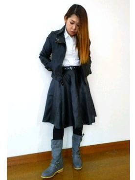 「AS KNOW AS plus（アズノゥアズプラス）のアイテム（ライダースジャケット）」を使った、shinoさん（レディース・150cm）の冬コーディネート