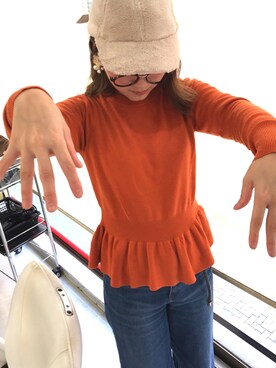 「GU（ジーユー）のアイテム（ニット/セーター、オレンジ系）」を使った、takeyanさん（レディース・160cm）の秋コーディネート