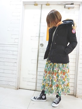 「CANADA GOOSE（カナダグース）のアイテム（ダウンジャケット/コート、ブラック系）」を使った、takeyanさん（レディース・160cm）の冬コーディネート