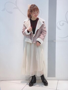 「フェミニンコーデ」｜「アイテム（ライダースジャケット）」を使った、マジェスティックレゴンソラリアプラザ店スタッフさん（レディース・163cm）の秋コーディネート
