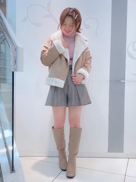 「リブニット」｜「アイテム（ライダースジャケット）」を使った、マジェスティックレゴンソラリアプラザ店スタッフさん（レディース・160cm）の秋コーディネート