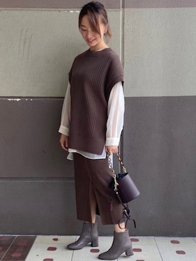 「NANO universe（ナノユニバース）の思いきり洗えるニット サイドスリットスカート（スカート）」を使った、nano・universe ららぽーと豊洲 Womensさん（レディース・160cm）の秋コーディネート