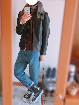 「Daniel Wellington」｜「アイテム（ライダースジャケット）」を使った、Chiakiさん（メンズ・174cm）の冬コーディネート