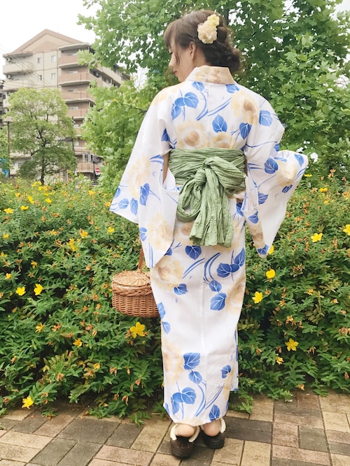 「浴衣3点セット 向日葵と流水 (浴衣 帯 下駄)「bonheur saisons/ボ