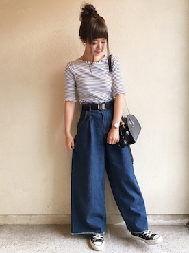 「PAGEBOY（ページボーイ）のトモリボン付きデニムワイドパンツ（デニムパンツ）」を使った、ｈaｒu ◎さん（レディース・153cm）の夏コーディネート
