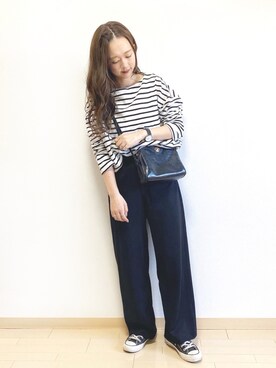 「coca（coca）（コカ）の【WEB限定セール】＼WEB限定新色／ボーダーボートネックトップス/オーガニックコットン混（Tシャツ/カットソー）」を使った、ｈaｒu ◎さん（レディース・153cm）の春コーディネート