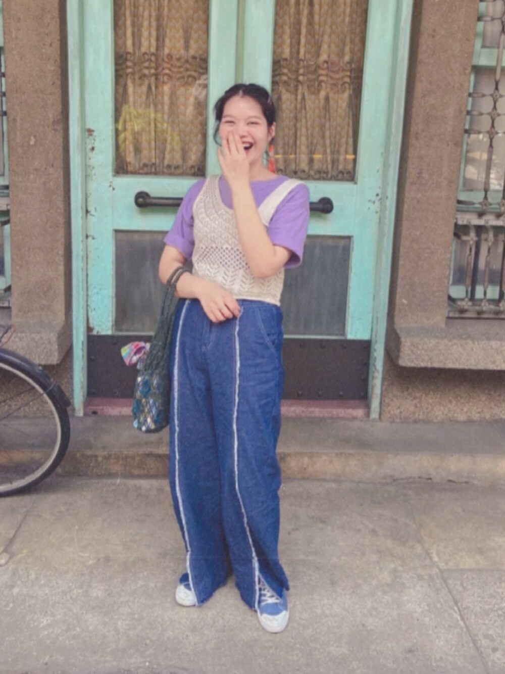 「嘉義傳統中藥店、開心、初投稿」｜「QUEEN SHOPのアイテム（Tシャツ/カットソー、パープル系）」を使った、みみさん（レディース・157cm）の秋コーディネートの1枚目の写真