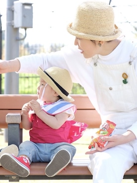 「MICKEY MOUSE（ミッキーマウス）のアイテム（ソックス/靴下）」を使った、mishu.さん（キッズ・70cm）の春コーディネート