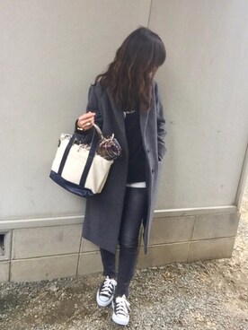 「フリンジデニム」｜「アイテム（チェスターコート）」を使った、しずさん（レディース・156cm）の冬コーディネート