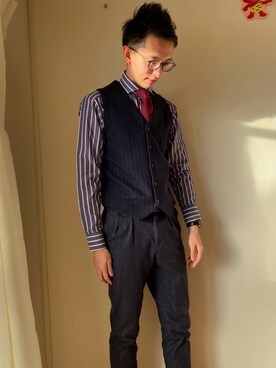 「BRICK HOUSE by TOKYO SHIRT（ブリックハウス）の形態安定ノーアイロン ホリゾンタルワイド 長袖ビジネスワイシャツ（ビジネスシャツ、ブルー系）」を使った、tantanさん（メンズ・180cm）の冬コーディネート