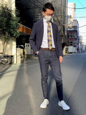 「BRICK HOUSE by TOKYO SHIRT（ブリックハウス）の形態安定ノーアイロン ホリゾンタルワイド 長袖ビジネスワイシャツ（ビジネスシャツ、ホワイト系）」を使った、tantanさん（メンズ・180cm）の冬コーディネート