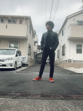 「HARE（ハレ）のアイテム（ライダースジャケット）」を使った、ともやさん（メンズ・167cm）の春コーディネート