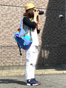 「カメラ女子」｜「アイテム（キャップ）」を使った、美衣さん（レディース・152cm）の夏コーディネート