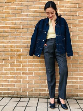 「ストライプパンツ」｜「アイテム（デニムジャケット）」を使った、miiiiiさん（レディース・159cm）の秋コーディネート