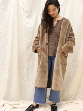 「ケーブルニット」｜「アイテム（ムートンコート）」を使った、miiiiiさん（レディース・159cm）の冬コーディネート