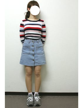 「マルチボーダーニット」｜きゃおりさん（レディース・153cm）の春コーディネート