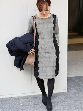 「チェックワンピース」｜「アイテム（ダウンジャケット/コート）」を使った、yukimiさん（レディース・155cm）の冬コーディネート