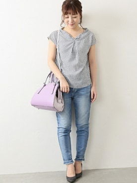 「アイテム（ボストンバッグ、パープル系）」を使った、yukimiさん（レディース・155cm）の夏コーディネート