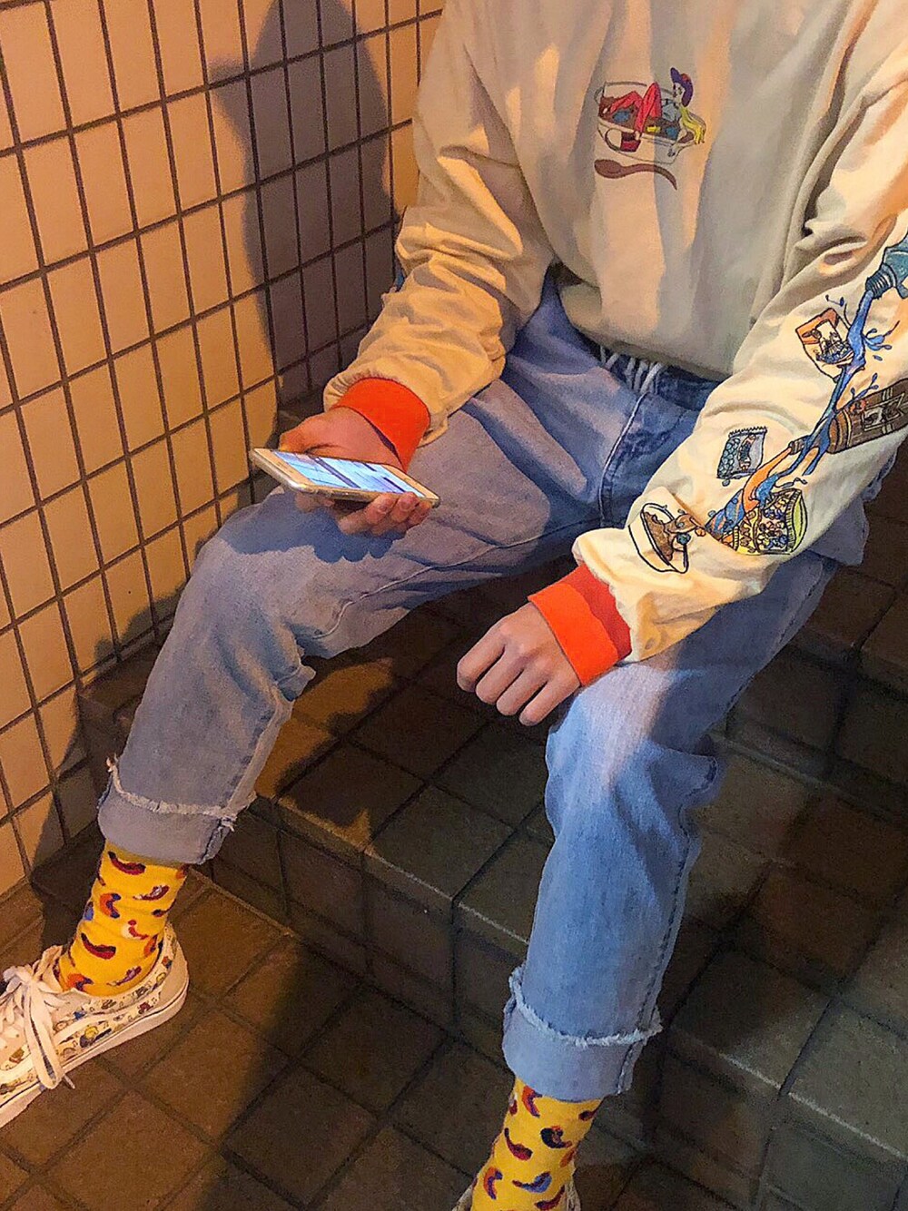 「春コーデ、Left Alone、happysocks、VANS」｜「Happy SocksのHappy Socks/ハッピーソックス JUNK FOOD Women's（ソックス/靴下、イエロー系）」を使った、Ryuheiさん（メンズ・166cm）の春コーディネートの1枚目の写真