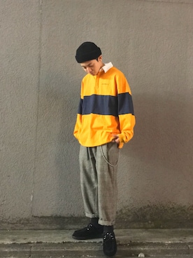 「ラガーシャツ」｜「アイテム（その他シューズ）」を使った、kento fujiwara さん（メンズ・166cm）の秋コーディネート