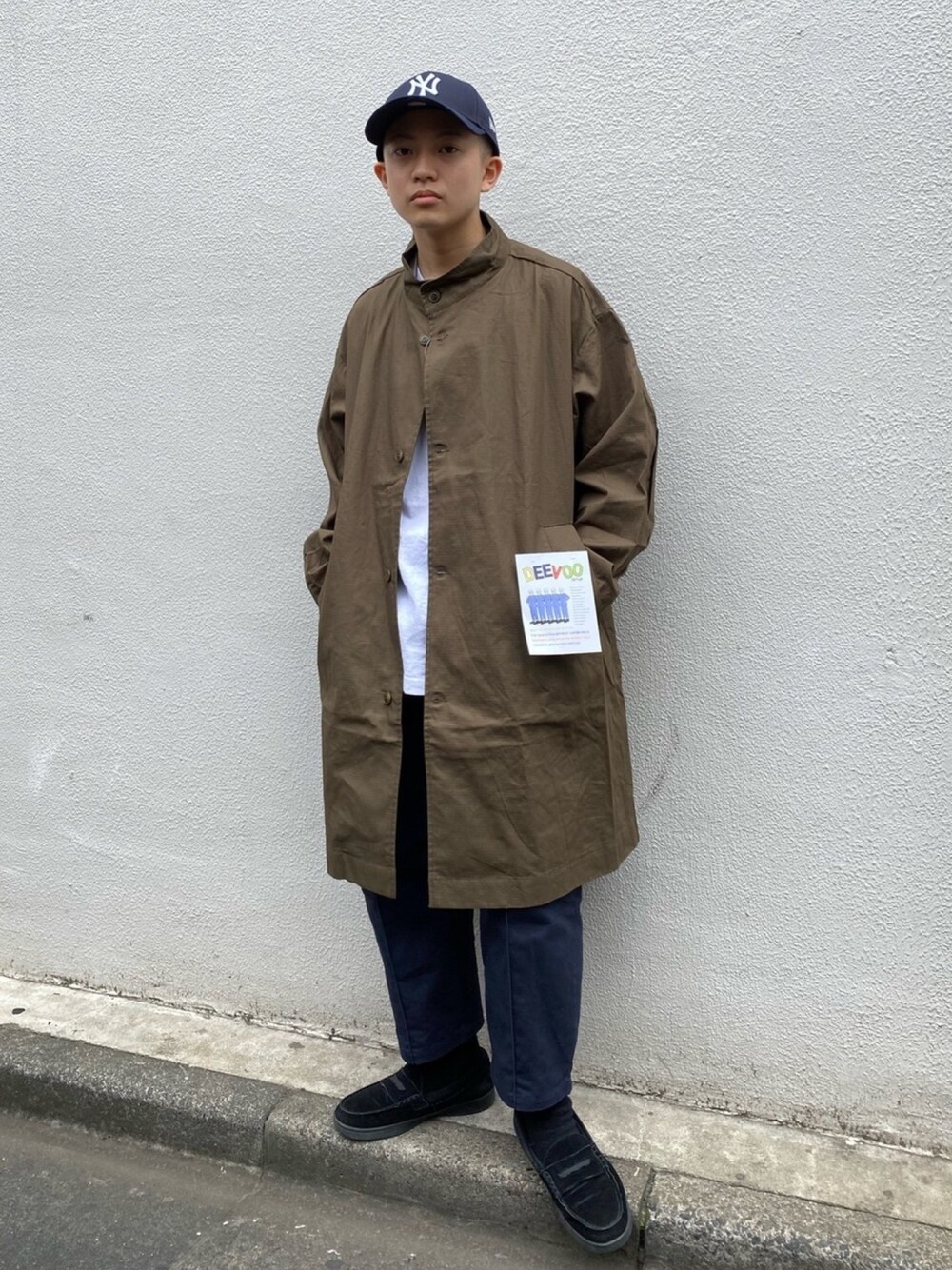 「90'sスタイル、NEWERA、大人カジュアル、今日のコーデ、はるコーデ、ミリタリー、低身長コーデ、ストリート、春コーデ、ストリートコーデ」｜「WHO'S WHO galleryの【DEEVOO/ディーヴォ】スタンドカラーコート（モッズコート、グリーン系）」を使った、kento fujiwara さん（メンズ・166cm）の春コーディネートの1枚目の写真
