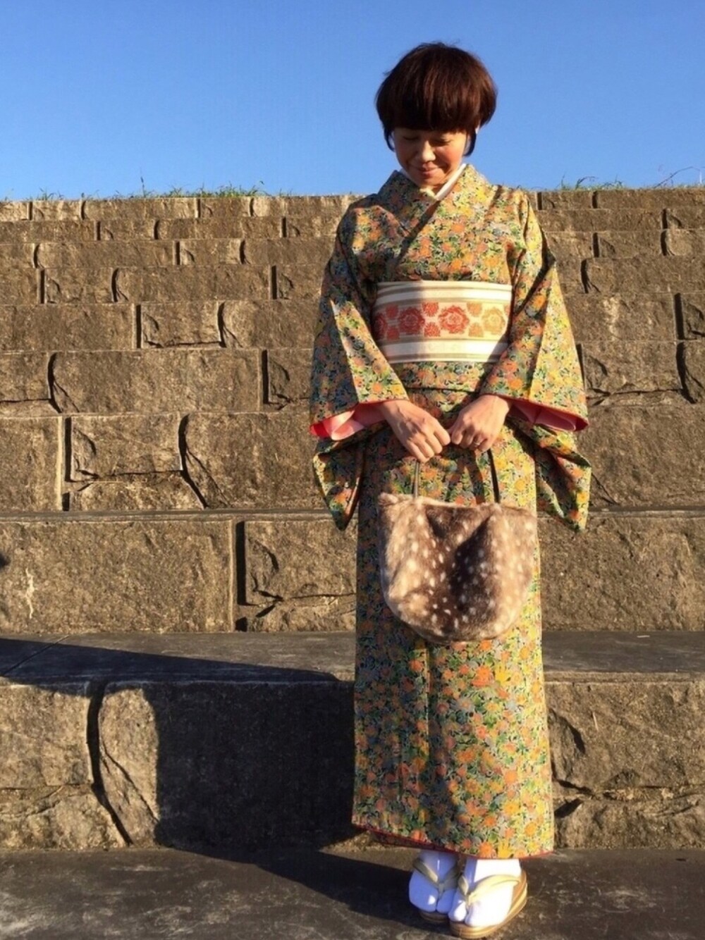 「WEAR着物部、小紋、博多帯、ハンドメイドバッグ、バンビファー、着物女子、着物、和服」｜「小紋のアイテム（ワンピース、その他）」を使った、すぎママさん（レディース・160cm）の秋コーディネートの1枚目の写真