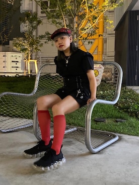 「赤チェック」｜「アイテム（ハンチング/ベレー帽）」を使った、tonechiさん（レディース・154cm）の秋コーディネート