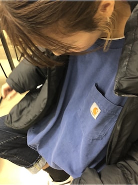 「Carhartt（カーハート）のcarhartt(カーハート)  Workwear Pocket SS TｰShirts（T Shirts、ブルー系）」を使った、サ🔰さん（レディース・153cm）の春コーディネート