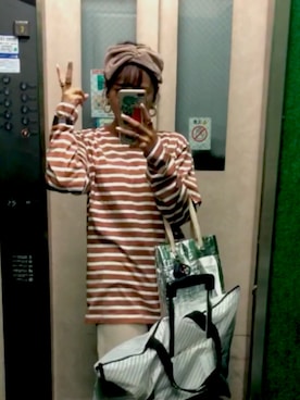 「GU（ジーユー）のアイテム（Tops、オレンジ系）」を使った、サ🔰さん（レディース・153cm）の春コーディネート