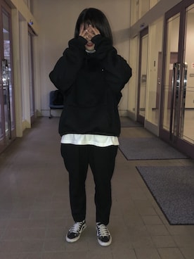 「古着のアイテム（Hoodies、ブラック系）」を使った、サ🔰さん（レディース・153cm）の春コーディネート