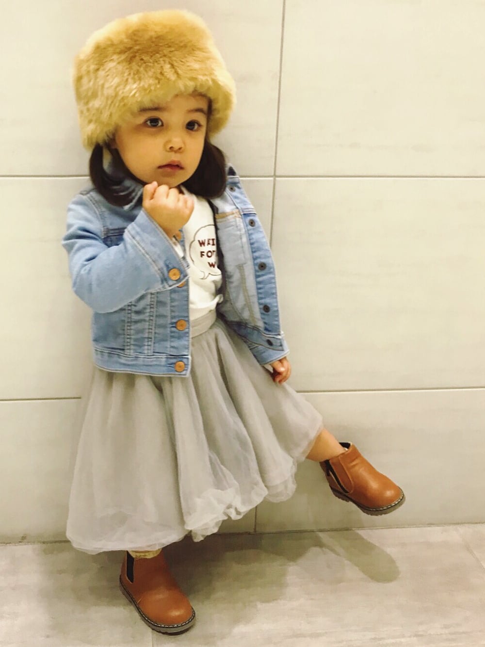 「kids、秋のコーデ、シンプルコーデ、女の子コーデ、デニム、女の子、MARLMARL、プチプラ、ロシアン帽」｜「babyGAPのアイテム（デニムジャケット、ブルー系）」を使った、🌴yunapi🏄‍♀️さん（キッズ・90cm）の秋コーディネートの1枚目の写真