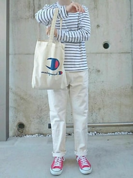 「Champion（チャンピオン）のアイテム（トートバッグ）」を使った、こうようさん（メンズ・170cm）の春コーディネート