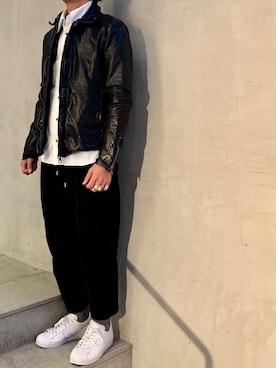 「ISAMU KATAYAMA BACKLASH（イサムカタヤマバックラッシュ）のアイテム（ライダースジャケット）」を使った、yamamotoさん（メンズ・170cm）の秋コーディネート