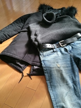 「LOUNGE LIZARD（ラウンジリザード）のアイテム（モッズコート）」を使った、真田丸のプーさんさん（メンズ・173cm）の冬コーディネート
