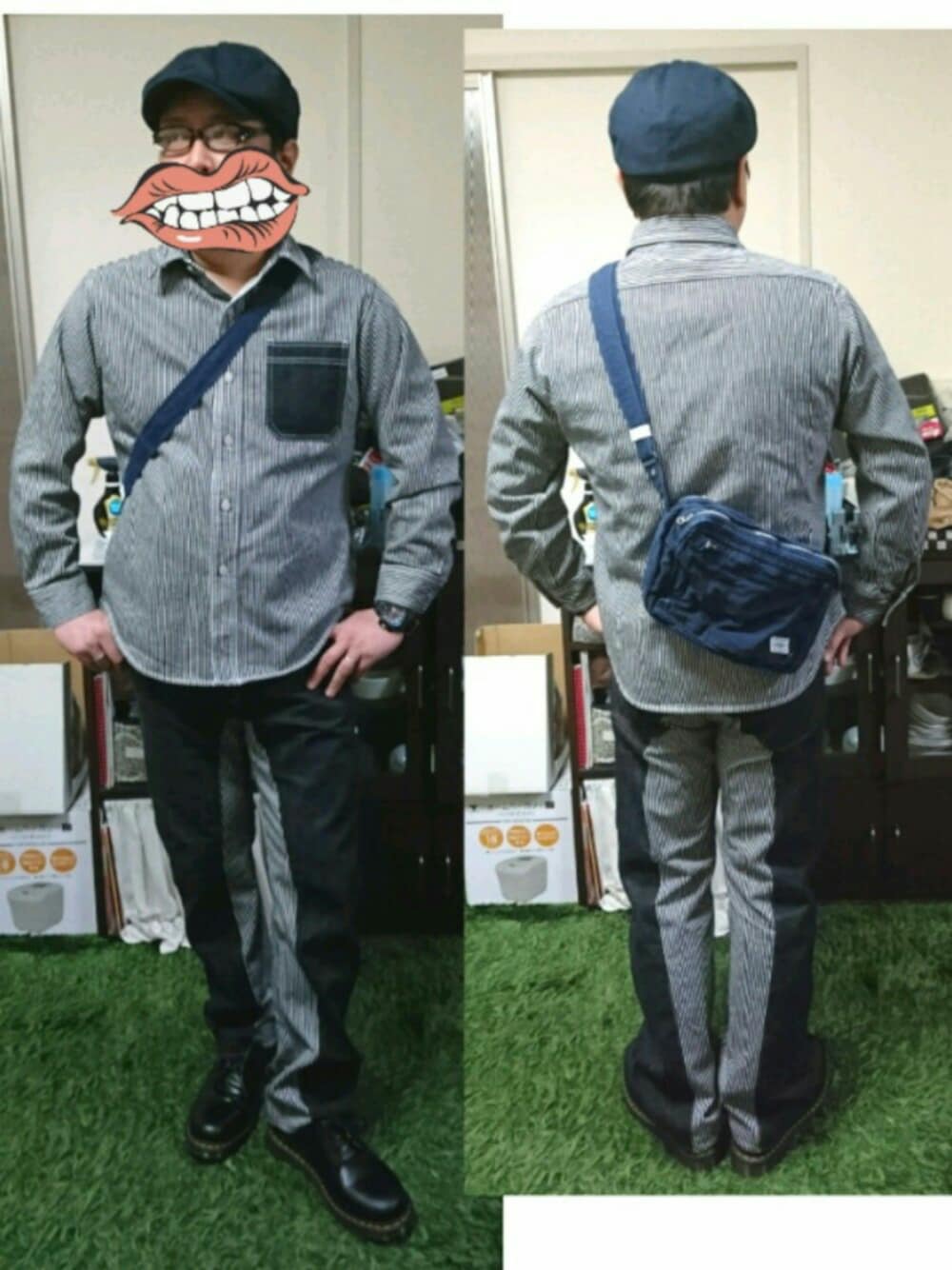「児島ジーンズ、ヒッコリー、ポーター、ドクターマーチン、クロムハーツ、ハンチング、黒縁メガネ」｜「児島ジーンズの児島ジーンズ デニムヒッコリーワークシャツ（シャツ/ブラウス、その他）」を使った、肉団子ちゅわんさん（メンズ・176cm）の冬コーディネートの1枚目の写真