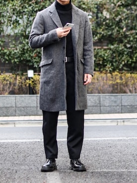 「HARE（ハレ）のアイテム（チェスターコート）」を使った、Naotoさん（メンズ・165cm）の冬コーディネート