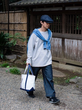 「バスクシャツ」｜「アイテム（ハンチング/ベレー帽）」を使った、Naotoさん（メンズ・165cm）の春コーディネート